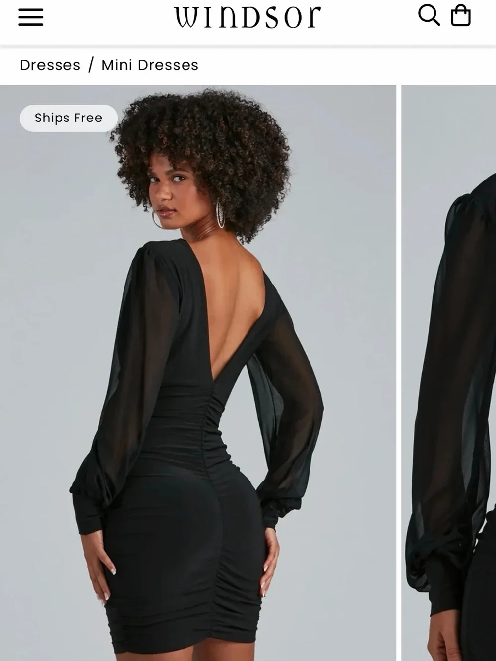 Windsor Black V-Neck Ruched Long Sleeve Mini Dress